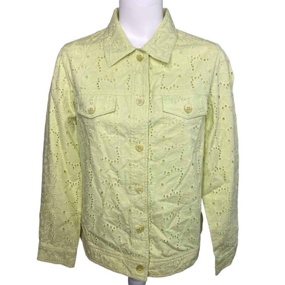 Appleseed's Yellow Green Eyelet Lace Button Down Jacket Sze Petite Medium PM NEW